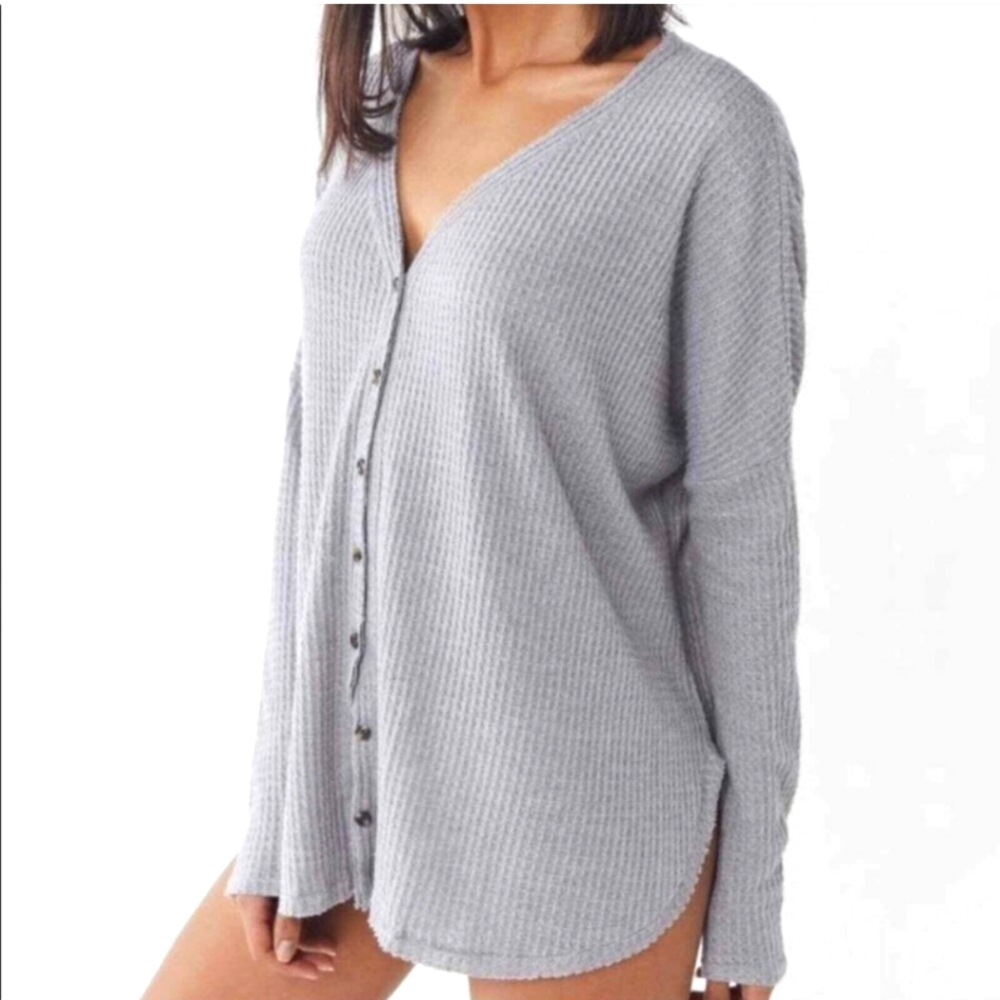 Out from under oversized waffle knit Top Womens Size Large Button Down Grey